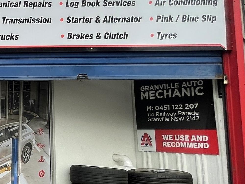 Granville Auto Mechanic services board — repairs, logbook, air conditioning, brakes, tyres